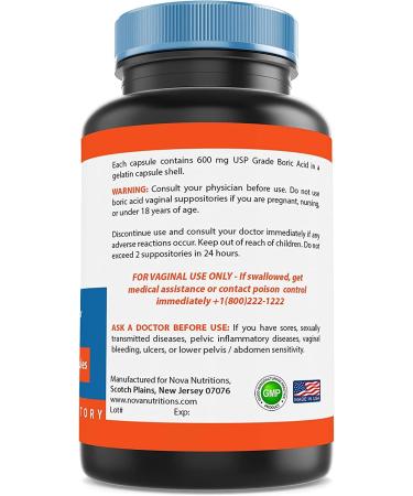 Nova Nutritions Boric Acid Vaginal Suppositories - 100% Pure USA Made USP Medical Grade - Easy Dissolve, Third Party Tested - 60 Count - Buy Online on GoSupps.com