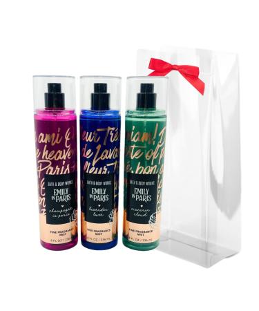 Bath & Body Works EMILY IN PARIS Collection - Champagne in Paris Lavender Luxe Macaron Cloud Fine Fragrance Mist 3-piece bundle with a Red Bow for Holidays - Full Size
