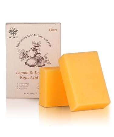 Sky tree Lemon Turmeric Kojic Acid Soap for Hyperpigmentation Turmeric Soap for Dark Spots with Lemon Oil Tea Tree Oil Shea Butter Papaya Vitamin C for Face & Body 2 Bars 3.5 Ounce (Pack of 2)