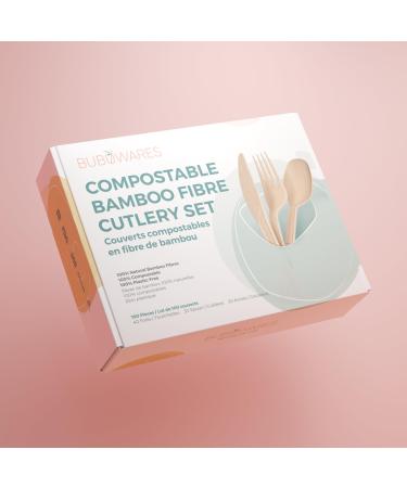 Bubuwares Bamboo Fibre Cutlery Set - Compostable Disposable Sustainable Biodegradable Utensils - 100 Pieces - 100percentagePlastic-Free Single-use Perfect for Picnics Camping Parties