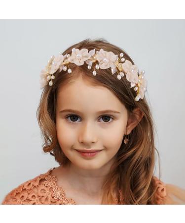 IYOU Princess Wedding Headband Gold Flower Headpiece Pearl Bridesmaid Bridal Communion Hair Accessories for Girls