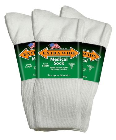 Extra Wide Medical Mid Calf Crew (Pack of 3) Diabetic Socks Made in USA for Men and Women Large White
