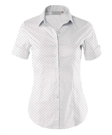 MAYSIX APPAREL Short Sleeve Stretchy Button Down Collar Office Formal Casual Shirt Blouse for Women Fit (XS-3XL) Large Mss3_whitedot