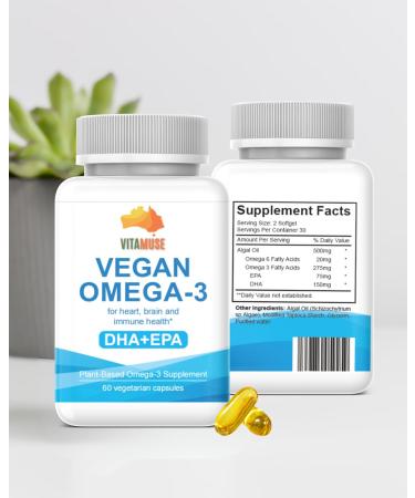 VITAMUSE Vegan Omega-3 Supplement Plant-Based DHA + EPA Heart Brain Immune Support 60 Vegetarian Capsules Third-Party Tested Algal Oil