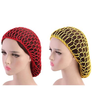 Minkissy 2Pcs Sleeping Hair Nets Crochet Hair Net Long Hair Snood Cover Turban for Women Girls Red Yellow