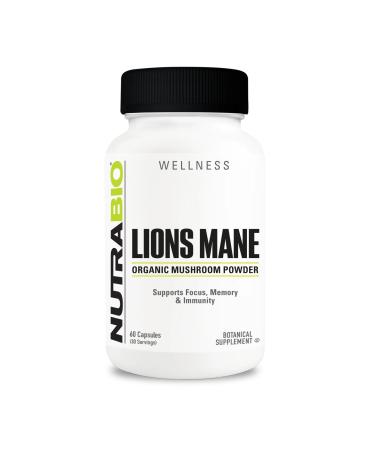 NutraBio Lions Mane Supplement Capsules- Organic Lion's Mane Mushroom Powder (500mg)- Focus Memory Immunity - 60 Vegetable Capsules 60 Count (Pack of 1)