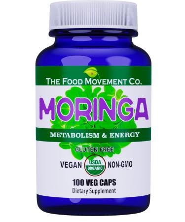 The Food Movement CO. Moringa - Certified Organic Superfood, Whole Body Wellness, Natural Energy Support, Supports Healthy Metabolism - 100 Vegan Capsules