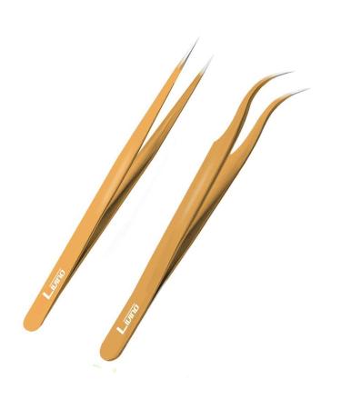 LIVINO Eyelash Extension Tweezers Straight - Set of 2 Stainless Steel Extension Tweezers with Curved Tip - Eyelash Extension Supplies Nipper for Eyelash Extensions Eyelash Tweezers Gold