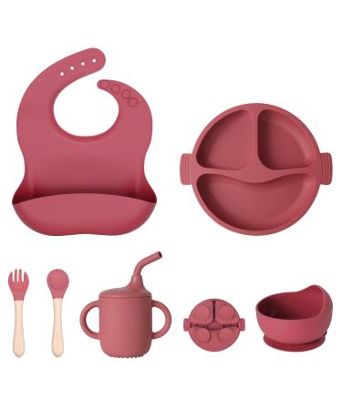 6 pieces of baby dishes silicone children's tableware set with suction cup slippery baby plates bibs bowls cups loffel bpa free (light pink)