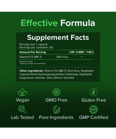 RP Vitamin K2 MK7 500 g Capsules - 60 Vegan Capsules | Bioactive GMO-Free Gluten-Free Allergen-Free | Made in ISO-Licensed Facilities - Buy Online on GoSupps.com