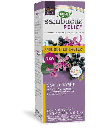 Nature s Way Sambucus Relief Kid s Cough Syrup Feel Better Faster** Clinically Proven South African Geranium with Elderberry Vitamin C & Zinc 8 Oz