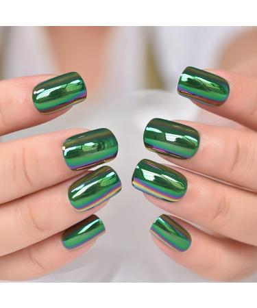Chrome Green Short Square Press On Nails - Electroplate Design Daily Wear Fake Manicure (24pcs) - Buy Online on GoSupps.com