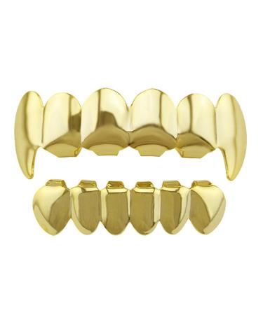 18k Gold Plated Teeth - Shiny 6 Teeth Top and 6 Bottom Set Mouth - Gold Grills for Your Teeth | Rapper Costume Teeth Accessories for Men and Women A: Golden fangs