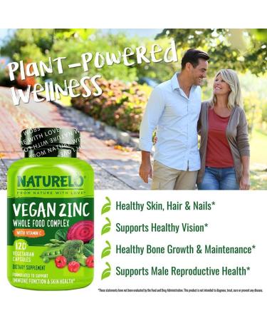 NATURELO Vegan Zinc Immune Support Capsules - Whole Food Complex with Vitamin C for Healthy Skin Hair and Nails - 120 Capsules Unflavored 120 Count (Pack of 1) - Buy Online on GoSupps.com