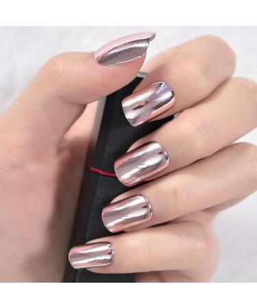 Metallic Pink Short False Nails - Full Cover Salon Fake Nail Art Tips for Women - Buy Online on GoSupps.com