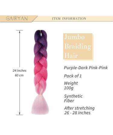 Gairyan Jumbo Braids Extensions 100g - 60cm Ombre Synthetic Braiding Hair for Box & Crochet Braid - Purple Rose Red & Pink - 1 Piece Afro Hair - Buy Online on GoSupps.com