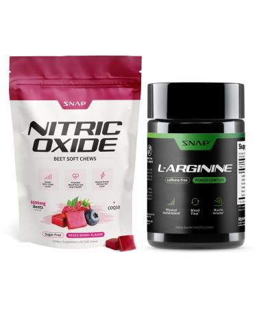 Snap Supplements Nitric Oxide Beet Root Soft Chews + L-Arginine Capsules Bundle 60 Sugar-Free Soft Chews + 60 Vegetarian Capsules