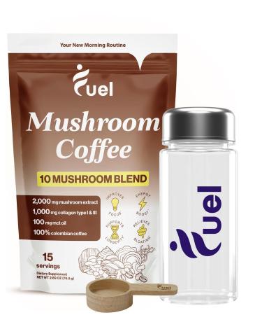 Fuel Brain Boost Mushroom Coffee Organic Blend with Lion s Mane Chaga & More for Gut Health & Focus Low-Caffeine Nootropic Instant Coffee with Bottle & Scoop 15 Servings Mushroom Coffe 0.9 Ounce (Pack of 3)