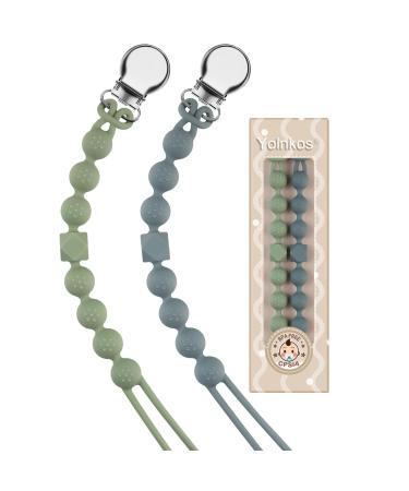 Yolnkos Pacifier Clip Baby Boys Girls Silicone Paci Holder Teething Relief One-Piece Soothie Binky Clips with Texture Soft Flexible Teether Toys Birthday Christmas Shower Gift 2 Pack (Grey Green) A (Grey Green)