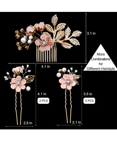 Bridal Flower Wedding Hair Pins - Crystal Pearl Clips Headpiece for Brides - Cherry Blossoms Pink - Set of 5 - Buy Online on GoSupps.com