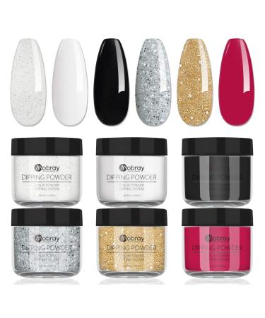 Mobray Dip Powder Nail Set, 6 Classic Colors Black White Red Glitter Dipping Powder Starter Kit French Nail Art Manicure DIY Salon Home Gifts for Women, No Need Nail Lamp Cured Classic series