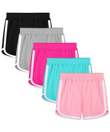 Resinta 5 Packs Girls Running Shorts Quick Dry Active Shorts Polyester Kids Athletic Shorts Workout Dolphin Shorts 10-12 Years Black light Gray pink hot Pink turquoise