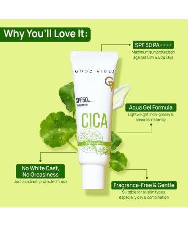 Good Vibes CICA Sunscreen SPF 50 PA++++ | Cica Extract 3% Niacinamide & Hyaluronic Acid | Lightweight Aqua Gel | Non-Greasy | 50g/ 1.76 Ounce - Buy Online on GoSupps.com