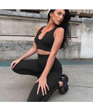 QINSEN Ribbed Seamless Crop Tank & High Waist Yoga Leggings Set - Large Black - Buy Online on GoSupps.com