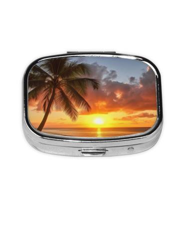 Sunset Hawaiian Palm Tree Printed Square Pill Box Portable Travelling Pill Box Medicine Organiser