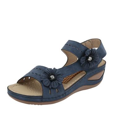XTZYGLFD women summer flowers casual open lace wedge massage soft floor breathable hook loop shoes sandals women comfortable sandals blue 7 uk