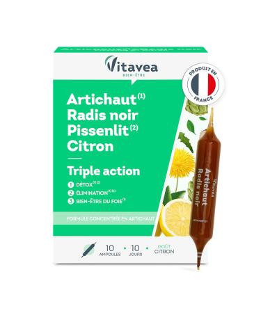 VITAVEA BIEN-ETRE - Detox Liver Wellness Elimination - Food Supplement, Digestion, Intestinal Comfort, Drainer - Artichoke Black Radish Dandelion Lemon - 10 ampoules - Made in France