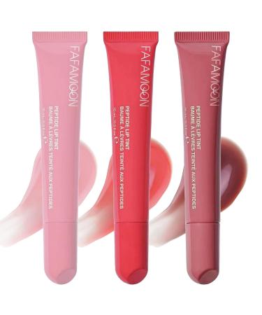 NAILKISS 3 Colors Tinted Peptide Lip Tint Hydrating Lip Tint Stain Lip Gloss Shiny Jelly Lip Plumping Lip Balms Long Lasting Nourishing Non-sticky Smooth Lip Care Glow Oil Set (01+07+08)