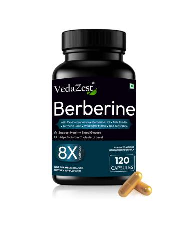 Vedazest Berberine 120 Vegetarian Capsules with Ceylon Milk Thistle Turmeric Root Wild Bitter Melon and Red Yeast Rice | 8X Formula Supplement Non-GMP and Gluten Free