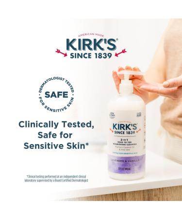 Kirk's 3-in-1 Head to Toe Nourishing Liquid Cleanser- for Men Women & Children - Premium Coconut Oil & Aloe Vera- Non GMO & Vegan - Lavender and Vanilla - 32 Fl Oz. - Buy Online on GoSupps.com
