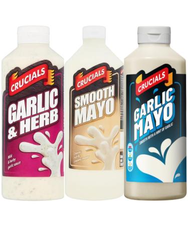 Sauce Bundle With Crucials Squeezy Sauce Garlic Mayonnaise 1ltr Smooth Mayo 1ltr and Garlic & Herb Mayonnaise Squeezy Sauce 1ltr (3 Pack)