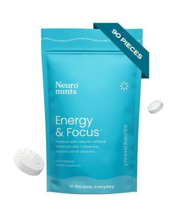Neuro Mints Nootropic Energy Caffeine Mints | 40mg Caffeine + 60mg L-theanine + B Vitamins for Energy and Focus | Sugar Free + Vegan + Keto | Caffeine Supplement for Adults Mint 90 Mints Bulk Bag Peppermint 90 Count (Pack of 1)