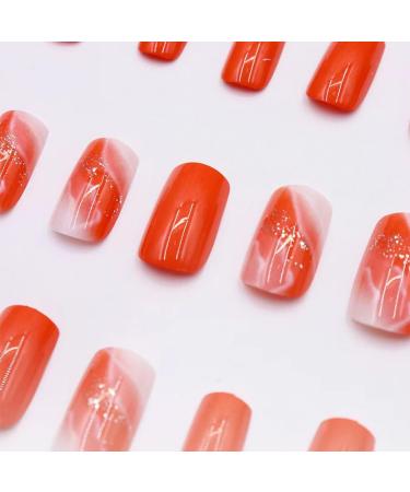 Shop 24Pcs Orange Press on Nails - Medium Square Glossy Marble Texture with Glitter Gold Foil Design | Full Cover Acrylic Stick on Nails for Women & Girls - International Shipping Available - Buy Online on GoSupps.com