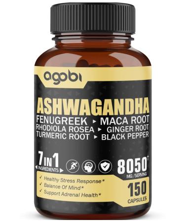 Ashwagandha Extract Capsules 7 Herbal Ingredients 8050 mg Equivalent - with Fenugreek  Maca  Turmeric  Rhodiola  Ginger & Black Pepper - Sleep  Spirit  Immune & Energy Supports - 5 Months Supply