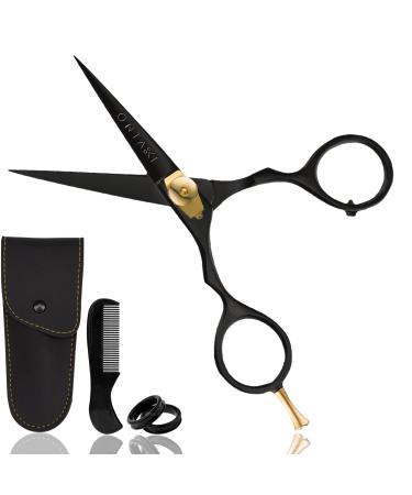 ONTAKI 5.5" Professional Japanese Steel Beard Mustache Scissors Salon Shears - Hand Forged Barber Scissors For Men Precision - Trimming Scissors for Beards, Mustache, Bangs, Hair & Pets (Gold & Black) 5.5" Black