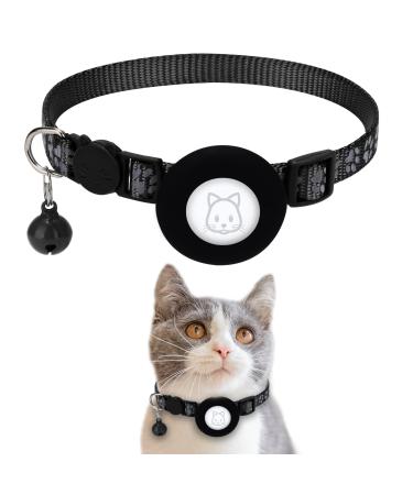 Airtag Cat Collar, Apple Air Tag Cat Collar with Safety Buckle and Bell, Reflective Cat Collar in 3/8" Width with Airtag Holder for Small Pets Cats Puppies Kitten Black