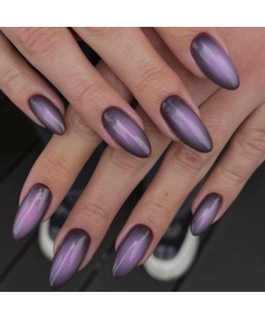 GLAMERMAID Black Pink Ombre Press on Nails Medium Almond Purple Aurora Fake Crush Nails Glossy Gel Glue on Nails Short Oval Stick on Blush Nail Set Glitter Acrylic Stiletto False Nail Kit for Women Aurora Black