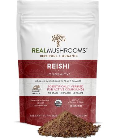 Real Mushrooms Reishi Mushroom Extract (45 Servings) Vegan, Organic, Non-GMO Reishi Mushroom Powder - Organic Mushroom Powder for Longevity & Relaxation - Reishi Mushroom Supplement