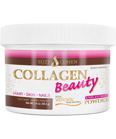 Collagen Beauty Powder By Suzy Cohen (3.3 oz) Anti Aging Hydrolyzed Protein Collagen Powder Type I and III for Supple Skin Shiny Hair & Strong Nails- Unflavored Powder Drink with Verisol- Made in US