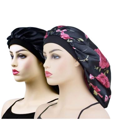 Satin Bonnets for Braids Silk Bonnet for Long Hair Covers Women XL Large Silk Hair Bonnets Sleeping Bonnets Night Sleep Cap Black+rose