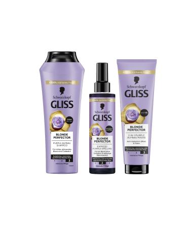 handle Gliss Blonde Perfector Purple Shampoo 250 ml with antiyellowing effect and ExpressPurple Conditioner Blonde Perfector 200 ml for spraying and 2in1 Purple buildup hair mask 150 ml hair treatment 200 ml 3er Pack