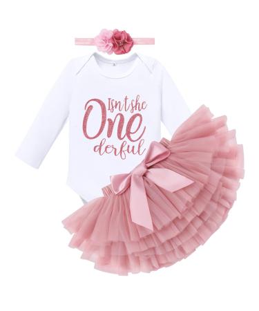 FYMNSI Boho Rainbow First Birthday Outfit for Baby Girl Cake Smash Photo Shooting Romper Tutu Skirt Headwear 3pcs Set 1 Year Dusty Pink Long Sleeve One Derful