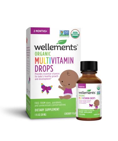 Wellements Organic Baby Multivitamin Drops | Liquid Multivitamin Supplement for Infants & Toddlers USDA Certified Organic No Preservatives or Artificial Flavors Cherry Flavor | 1 Fl Oz 2 Months+