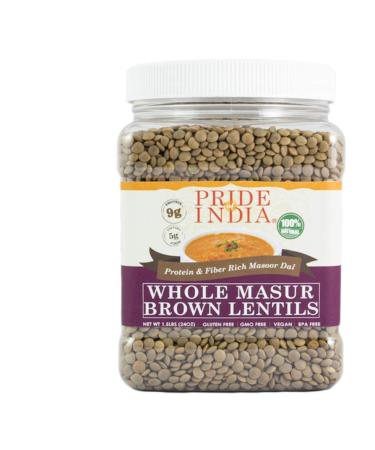 Pride Of India - Indian Whole Brown Crimson Masur Lentils - Protein & Fiber Rich Masoor Whole, 1.5 Pound Jar 1.5 Pound (Pack of 1)