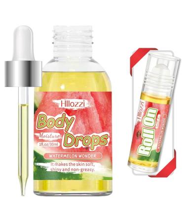 Hllozzi Body Drops & Roll-On Body Oil Set 1 fl oz + 0.17 fl oz Lightweight Body Care (1 fl.oz/30 ml&5 ml/0.17 fl.oz-Body Drops&Roll-on(Watermelon))