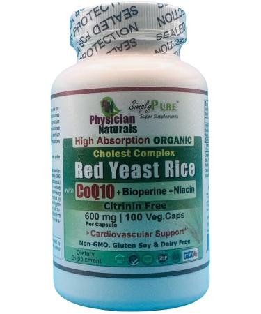 Physician Naturals Organic Red Yeast Rice w CoEnzyme Q10 and Piperine 600 mg High Absorption 100 Veg Caps 1200 mg per Serving